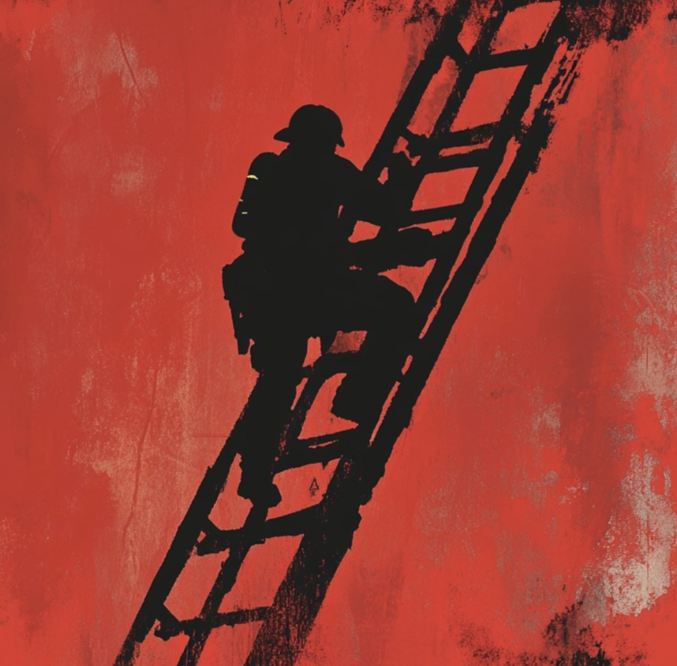 Firefighter climbing a ladder against a red background
